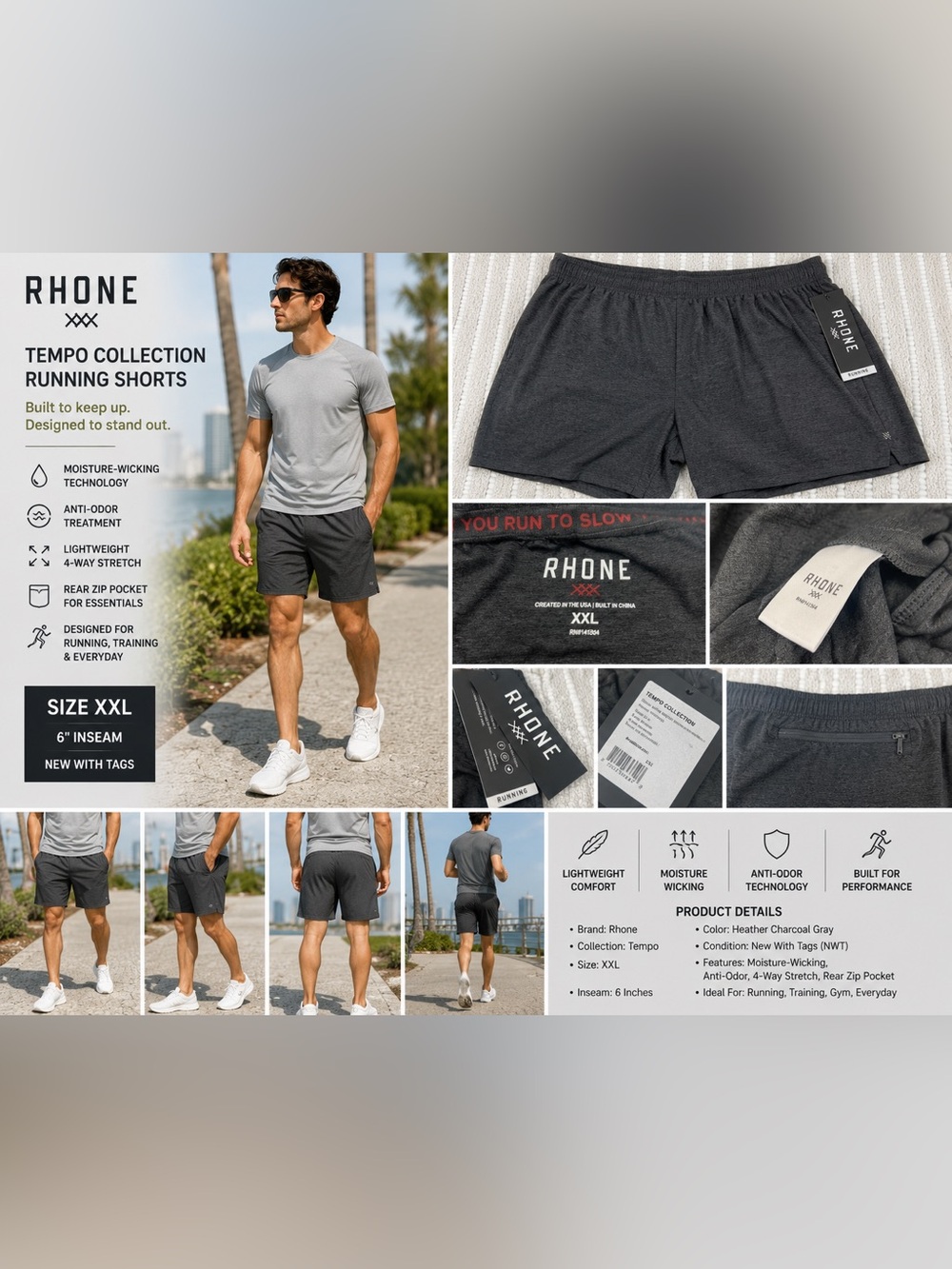Rhone Tempo Collection Running Shorts NWT Men's XXL 6" Inseam Gray Performance